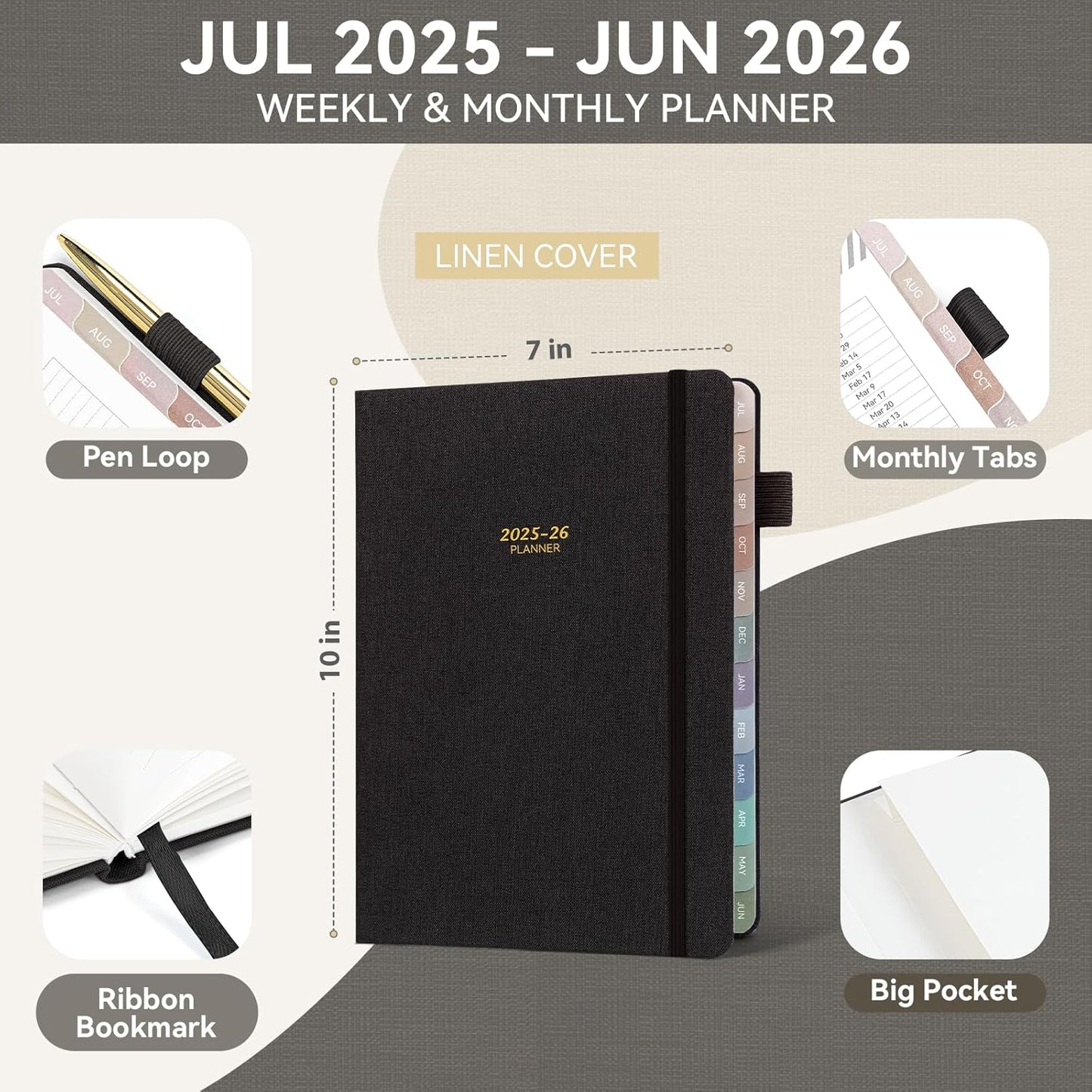 Getink Linen Cover 2025-2026 Planner Weekly & Monthly Daily Agenda Book,2025-2026 To Do List Notebook with Colorful Monthly Tabs, Inner Pocket, Elastic Closure (Black, 7.3 * 10)