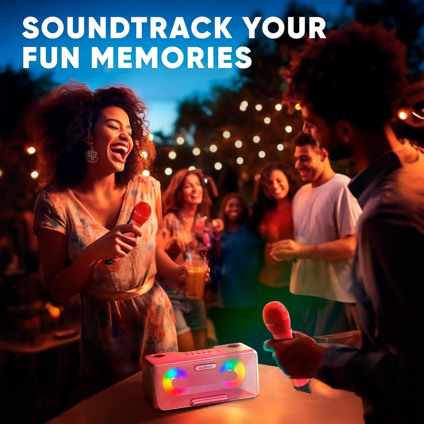 MASINGO Karaoke Machine for Adults and Kids with 2 Wireless Microphones, Portable Bluetooth Singing Speaker, Colorful LED Lights, PA System, Lyrics Display Phone Holder, and TV Cable. Presto G2 Pink