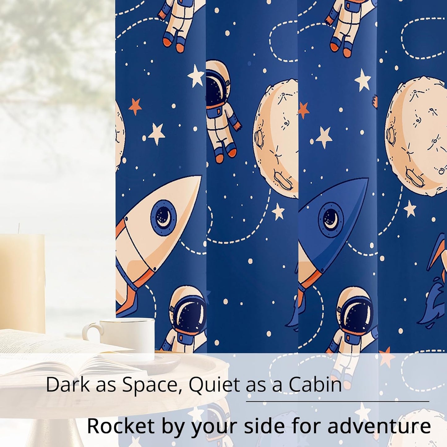 Kids Space Astronaut and Rocket Blackout Curtains - 100% Blackout, Thermal Insulated, Noise Reducing, Perfect for Kids Room and Nursery, 2 Panels (Orbiting Astronauts, W52×L84)