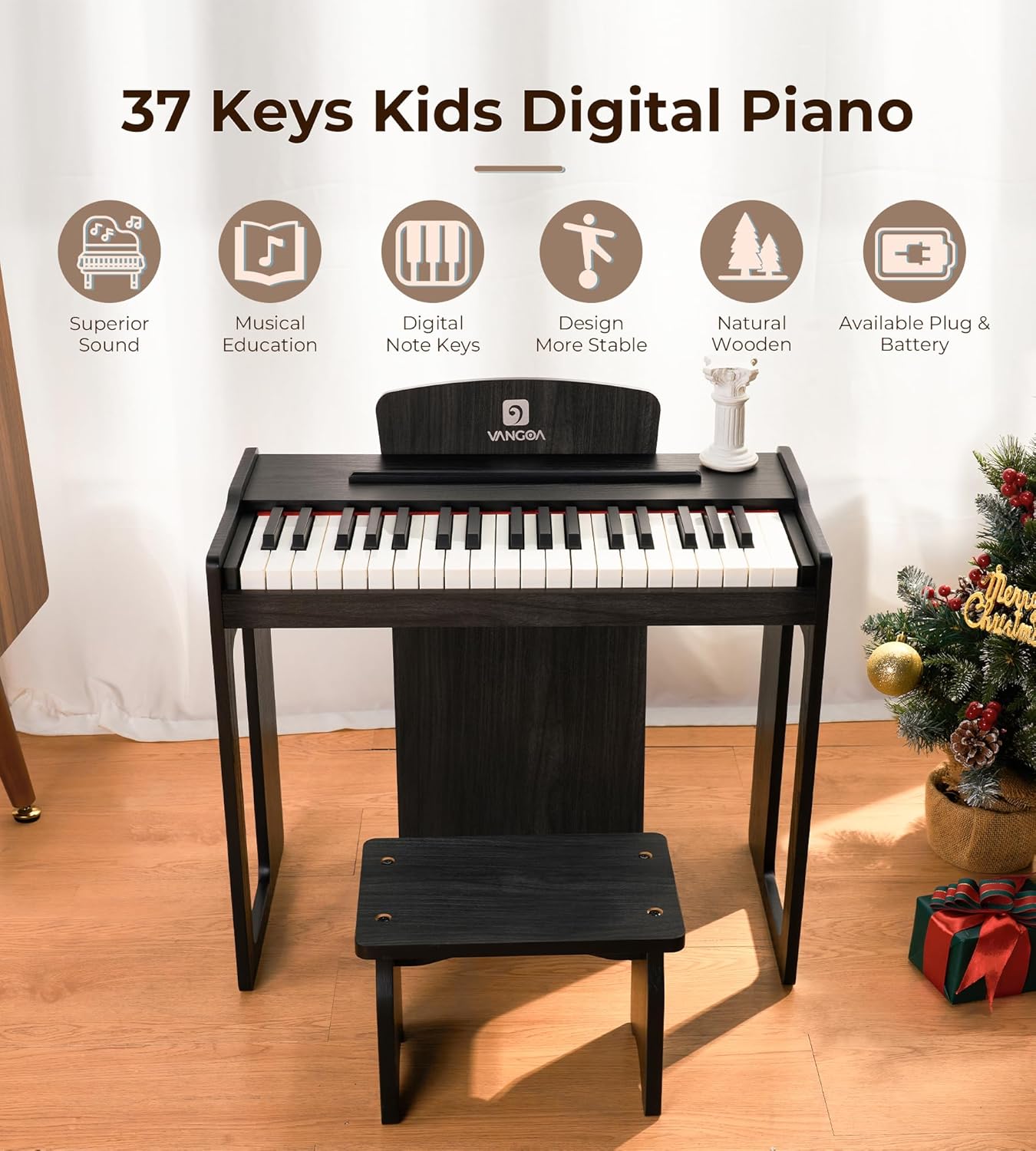 Vangoa Kids Piano Keyboard, 37 Keys Digital Piano for Kids, Music Educational Instrument Toy, Wood Piano for Girls and Boys,Classic Black