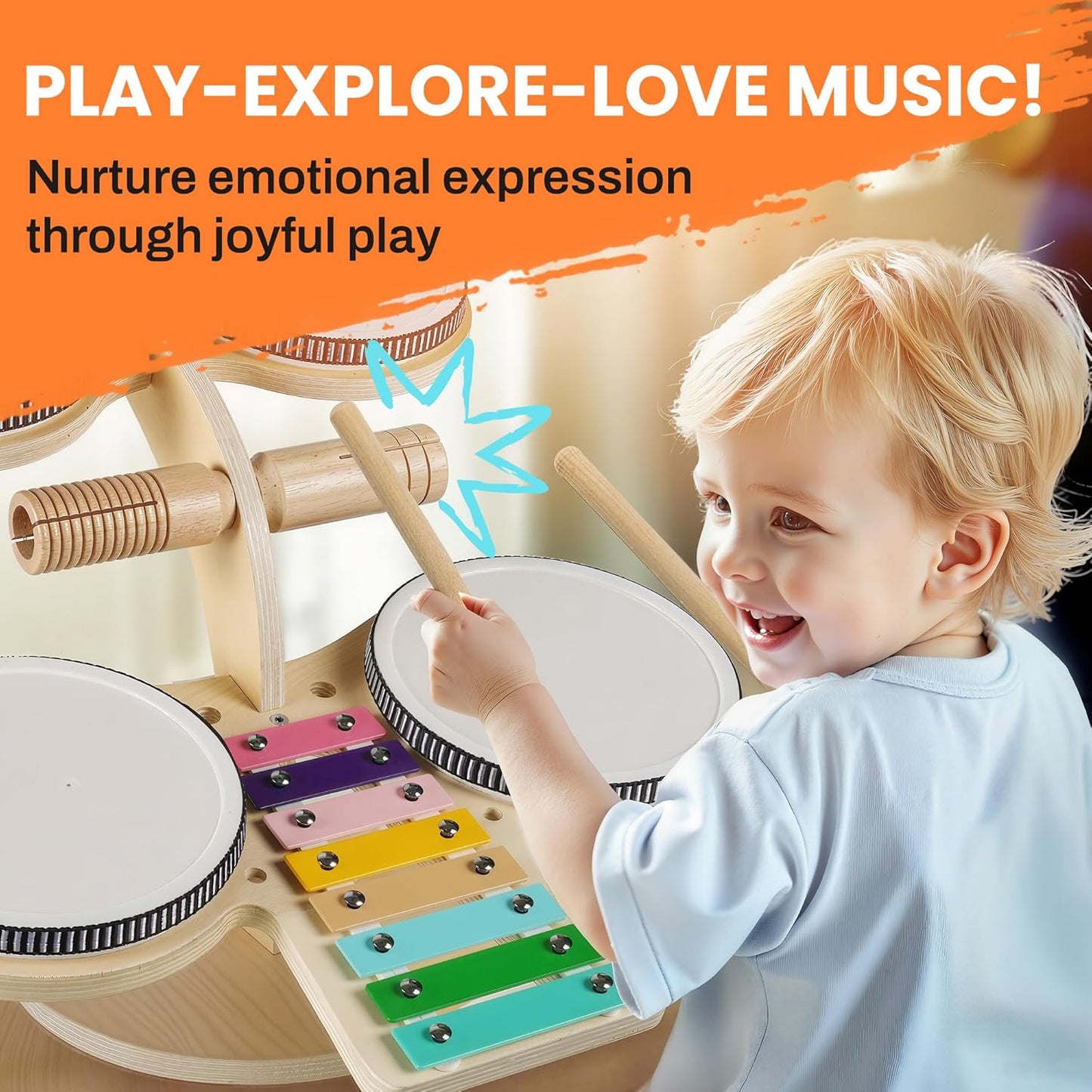 iPlay, iLearn Toddler Wooden Drum Set, Kids Musical Instruments Toy, 8 in 1 Percussion Drum Kit W/Xylophone Cymbal, Baby Montessori Learning Birthday Gifts for 18 Month, 2 3 4 5 6 Year Old Boy Girl
