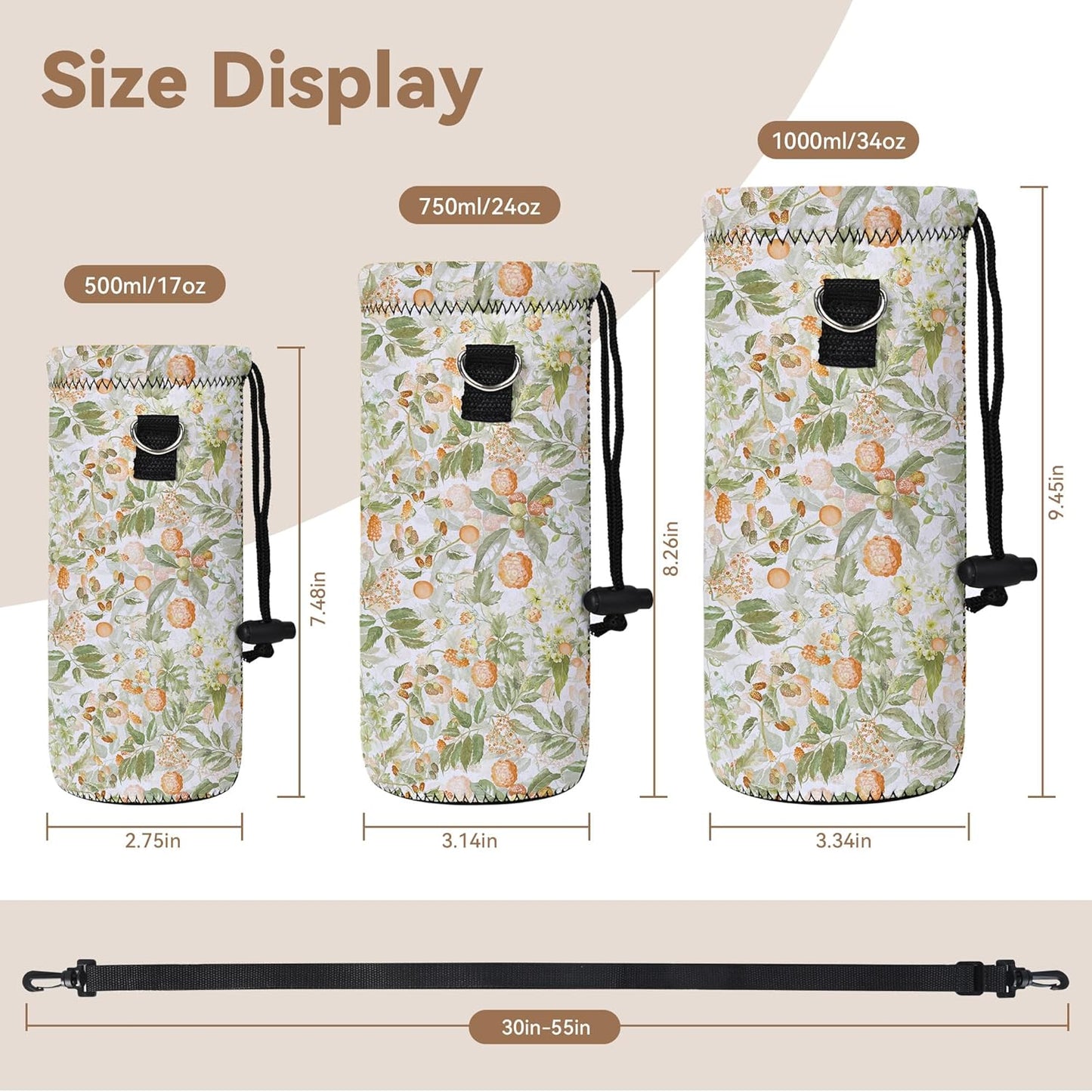 RICHEN Neoprene Water Bottle Carrier Bag with Adjustable Shoulder Strap,Insulated Water Bottle Cover for Stainless Steel/Glass/Plastic Bottles