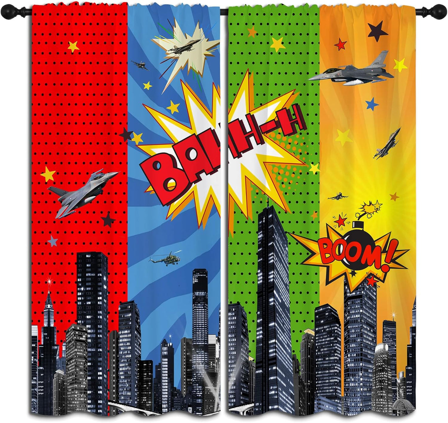 Superhero Rod Pocket Blackout Curtains for Boy Girl Bedroom, City War Explosion Comics Art Thermal Insulated Home Window Drapes for Living Room Darkening, 84x72 inch