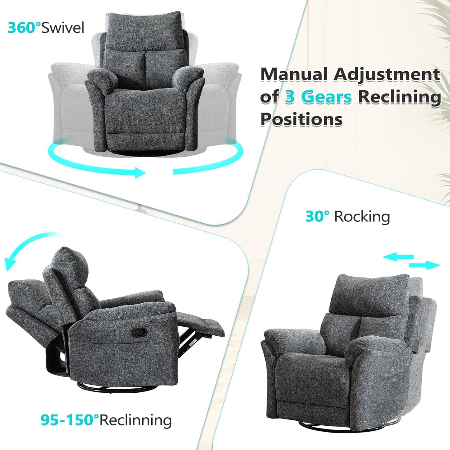ANJ Swivel Rocker Recliner Chair Nursery, Manual Fabric Small Rocking Recliner, Modern Rocking Reclining Chairs for Living Room, Bedroom, Small Space (Gray)