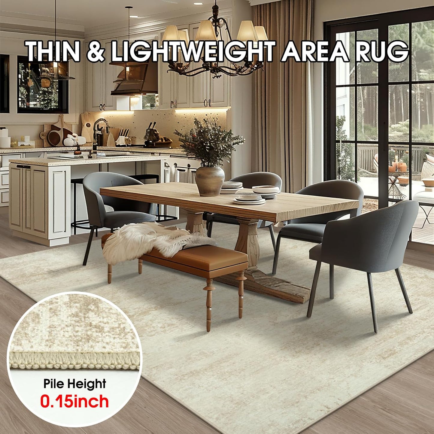 Washable Rug 6x9 Area Rugs, Abstract Large Living Room Rugs with Non-Slip Backing, Thin Carpet for Dorm Dining Room Table Nursery Indoor Home Office -Beige