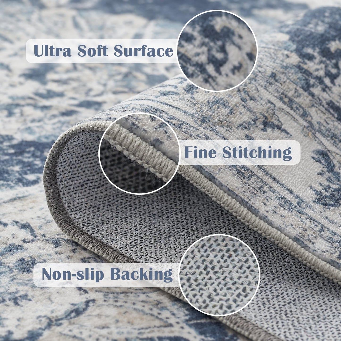 jinchan Washable Area Rug 8x10 for Living Room Soft Faux Wool Ultra-Thin Stain Resistant Non-Slip Distressed Vintage Floral Large Carpet for Bedroom,Dining Room,Home Office,Nursery(Dark Blue, 8'x10')