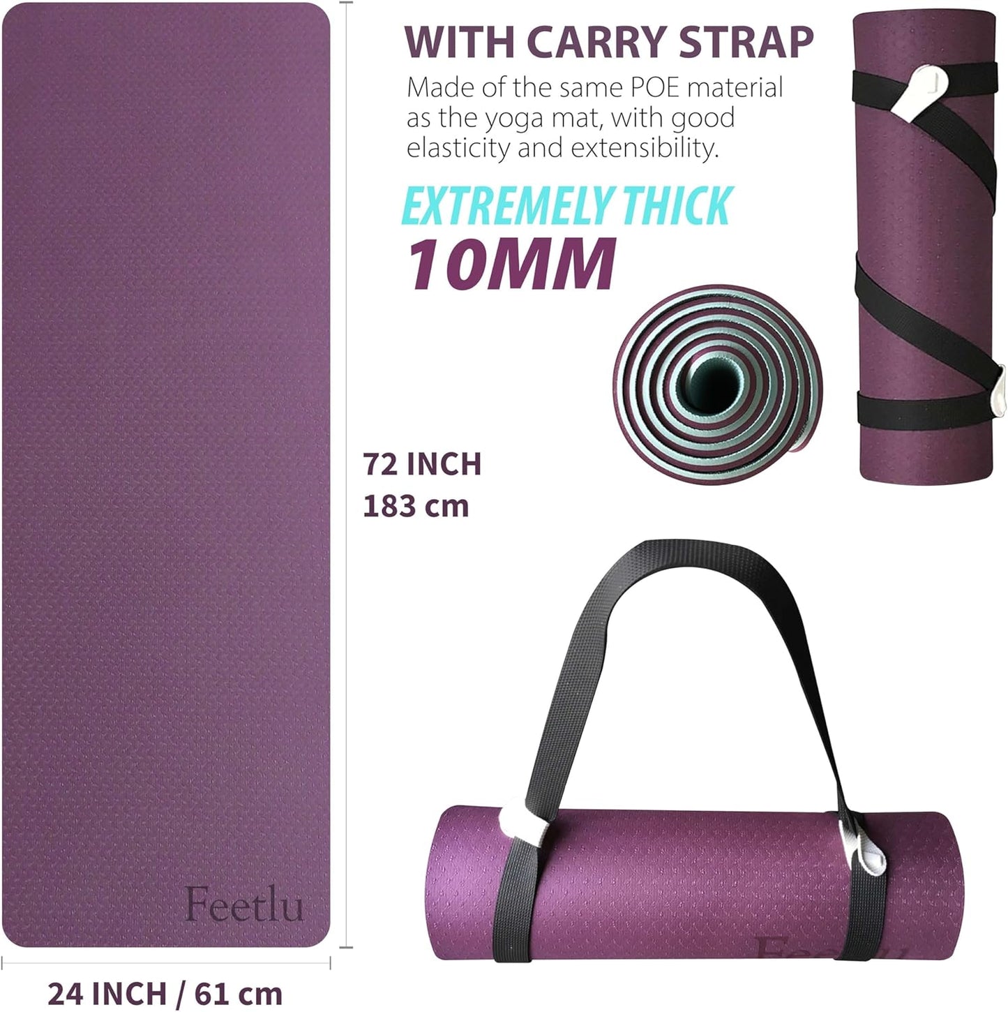Extra Thick Exercise Yoga Mat with Strap - 2/5 Inch (10MM), Non-Slip Workout Mat for Yoga, Pilates, and Floor Exercises