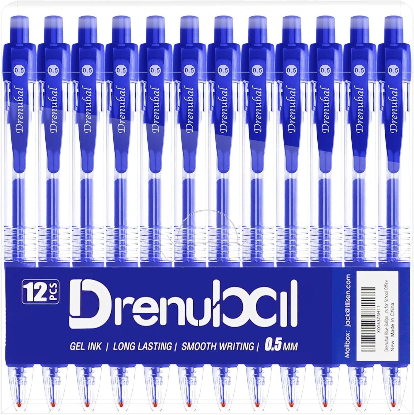 Blue Ballpoint Pens for School Office with Rubber Grip，Fine(0.5mm) Point Retractable-Set of 12 Writing Pens