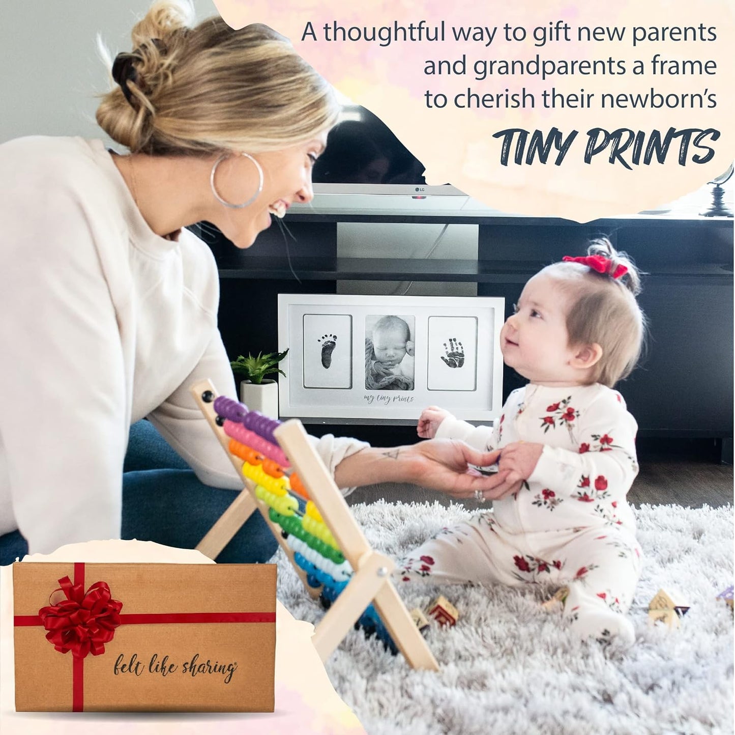 Felt Like Sharing My Tiny Prints Newborn Baby Handprint and Footprint Kit – Photo Keepsake Frame with Ink Pad for Baby Hand and Footprints – Great New Parent Present – 17” L x 9.5” H (White)