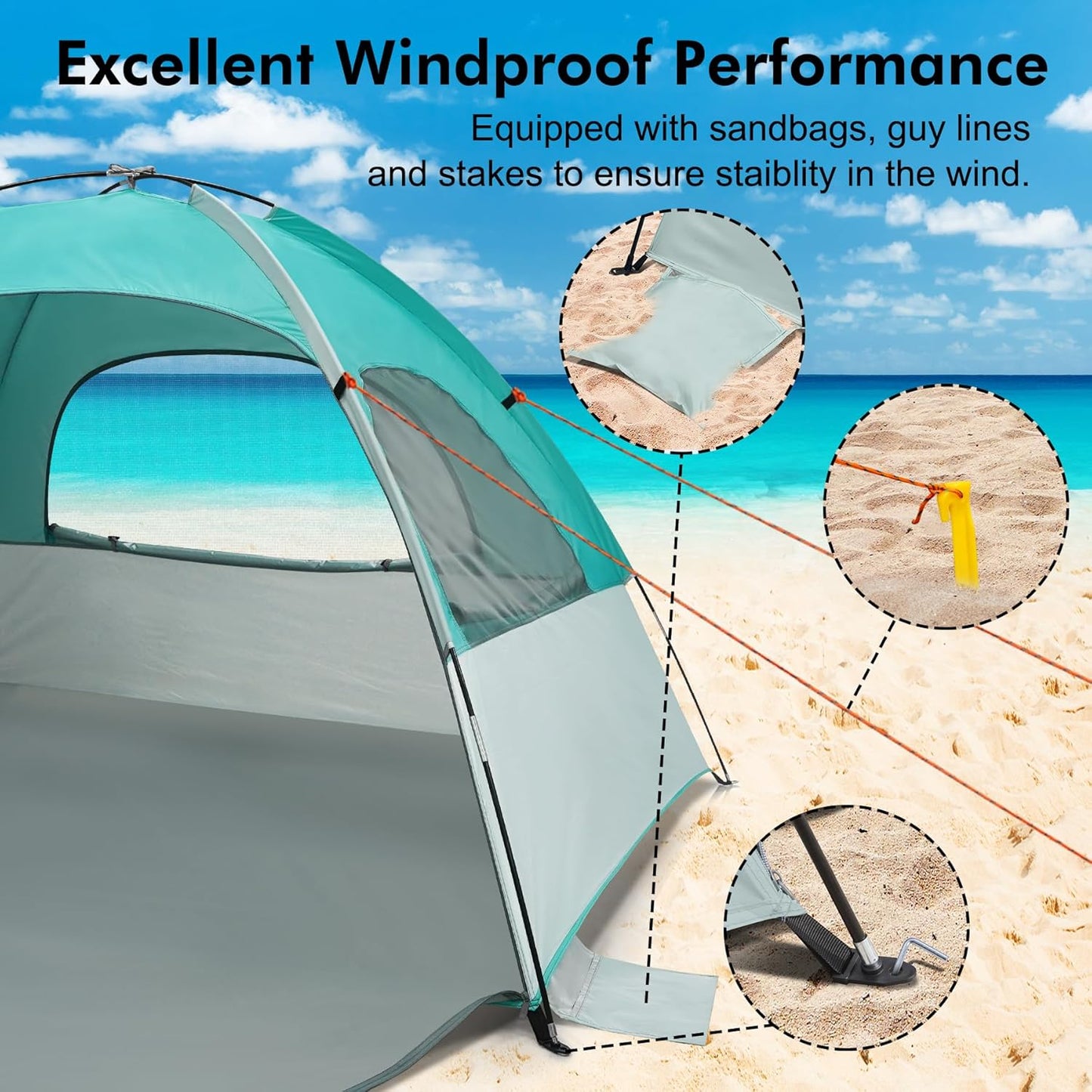 WhiteFang Beach Tent Anti-UV Portable Sun Shade Shelter for 3/4/6/8 Person, Extendable Floor with 3 Ventilating Mesh Windows Plus Carrying Bag, Stakes and Guy Lines
