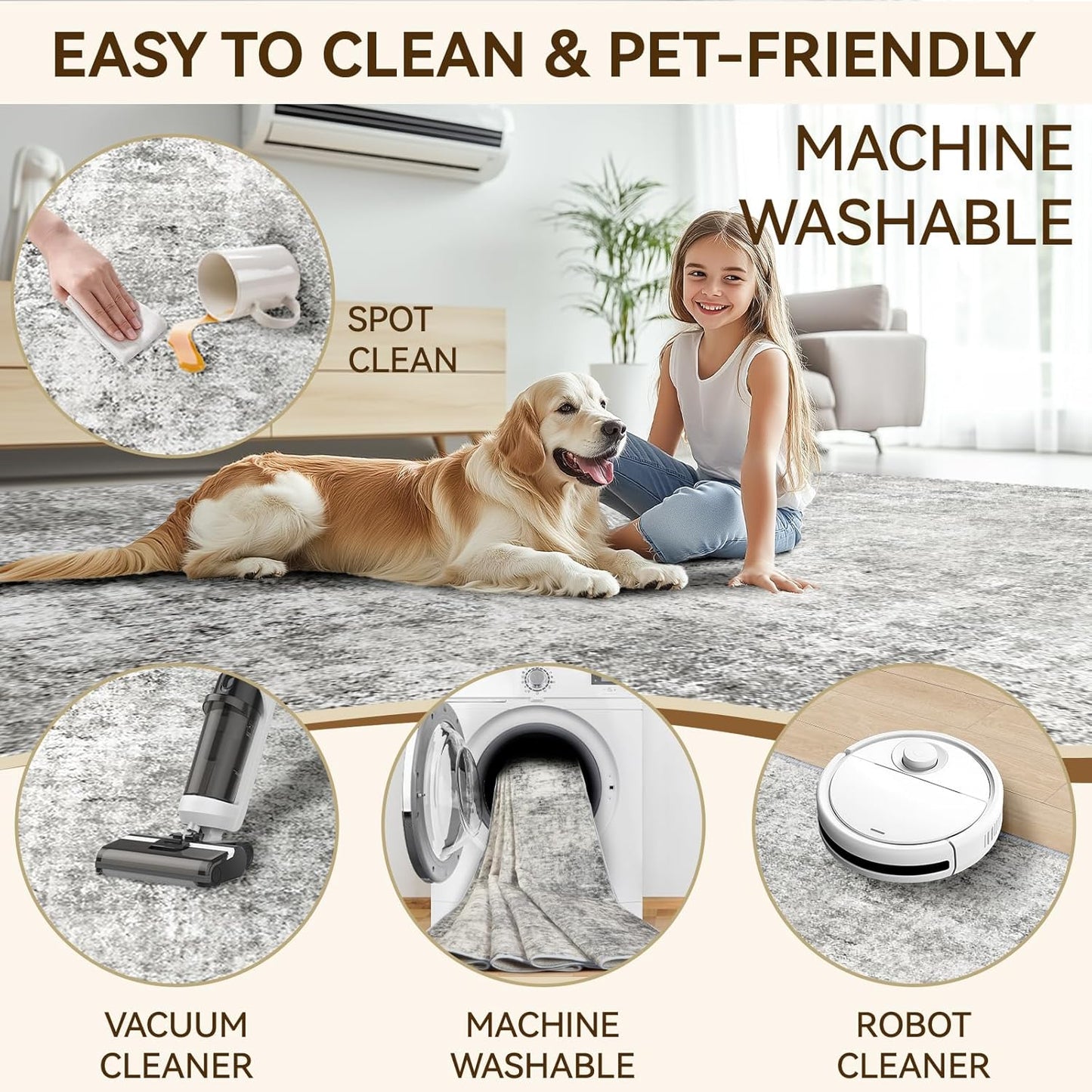 Washable Area Rugs 6ft Non-Slip Modern Abstract Soft for Living Room Entryway Bedroom Nursery, Print Pattern, Gray White Grey