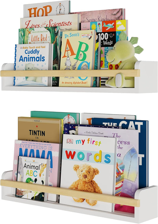 Wallniture Florida 24 inch Wall Bookshelf for Kids Room, Floating Shelves Nursery Decor, Wood White Wall Shelf Set of 2, Kitchen, Bathroom Decor (24'')