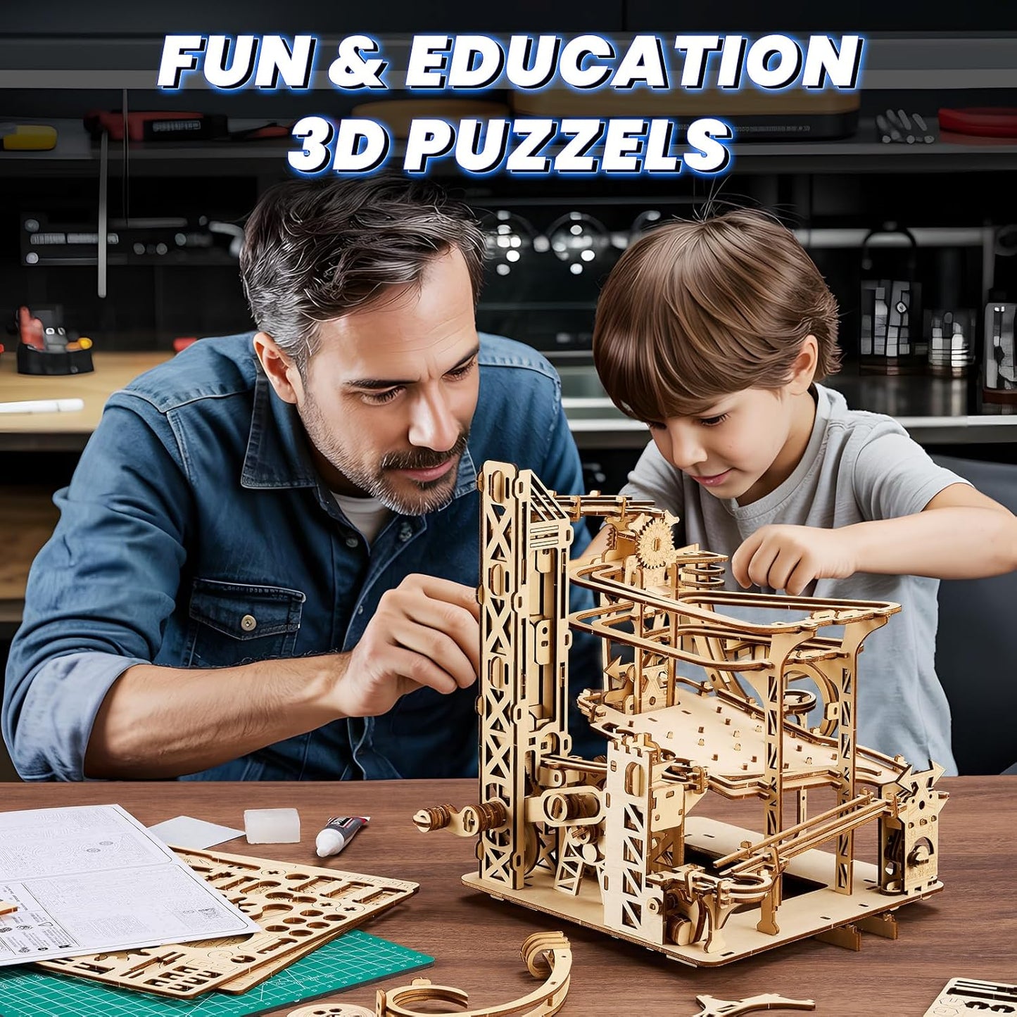 3D Wooden Puzzles for Adults: 371pcs Marble Run Model Building Kits Toys for Ages 14+ - DIY Crafts Brian Teaser Marble Run Wooden Puzzles with Roller Coaster Building Set - Gift for Adults