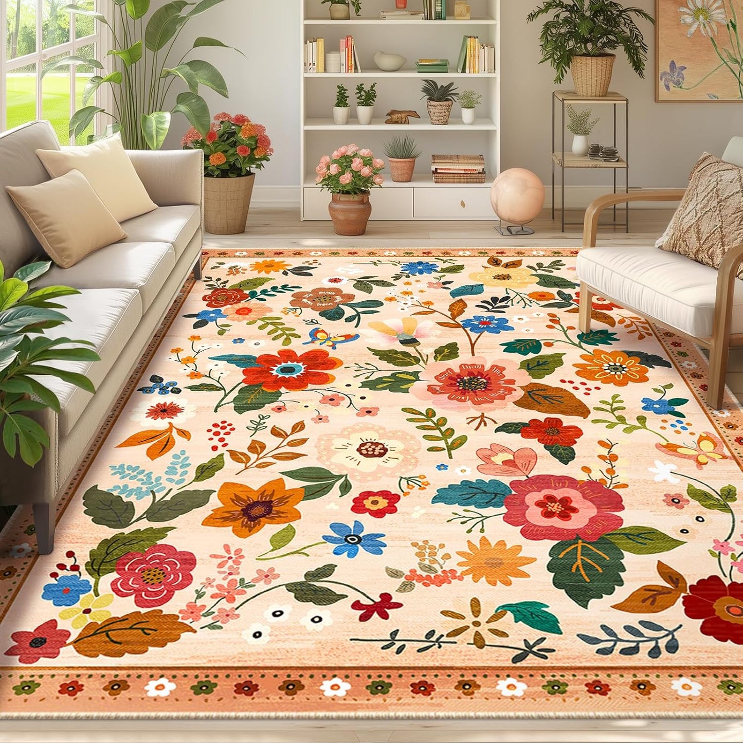 Floral 8x10 Area Rug Machine Washable Soft Print Boho Carpet Non Slip Doormat Low Pile Flower Area Rugs for Living Room Bedroom Nursery Kitchen Dining Room Indoor-Light Orange