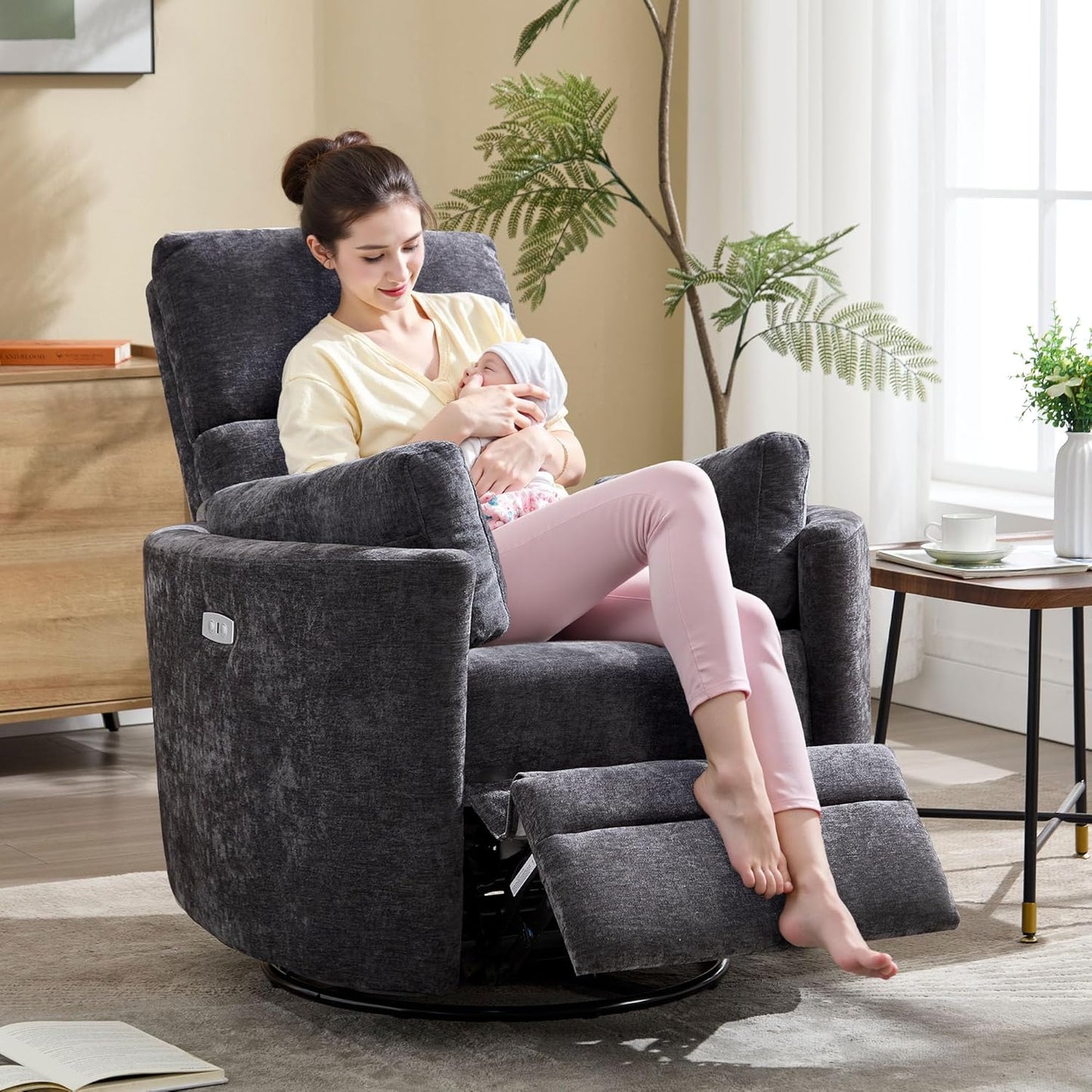 Recliner Swivel Glider Electric Rocking Chair with USB Port,Upholstered High Back Nursery Rocking Chair,Adult Power Recliner Chair with 2 Pillows for Living Room Bedroom(DRAK Grey, Power-Driven)