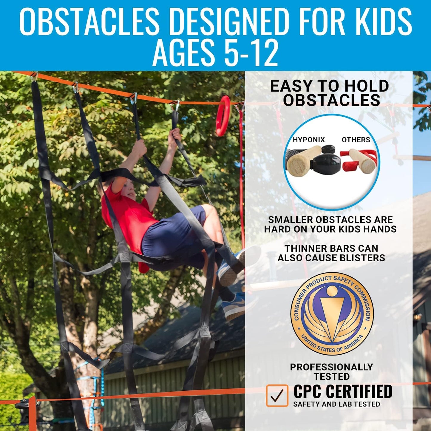 Hyponix Ninja Obstacle Course for Kids – 2 x 60 ft Slacklines with 13 Weatherproof Obstacles – Monkey Net, Ratchet-Tight Tech, Supports 880 lbs – Climbing & Swinging Backyard Fun