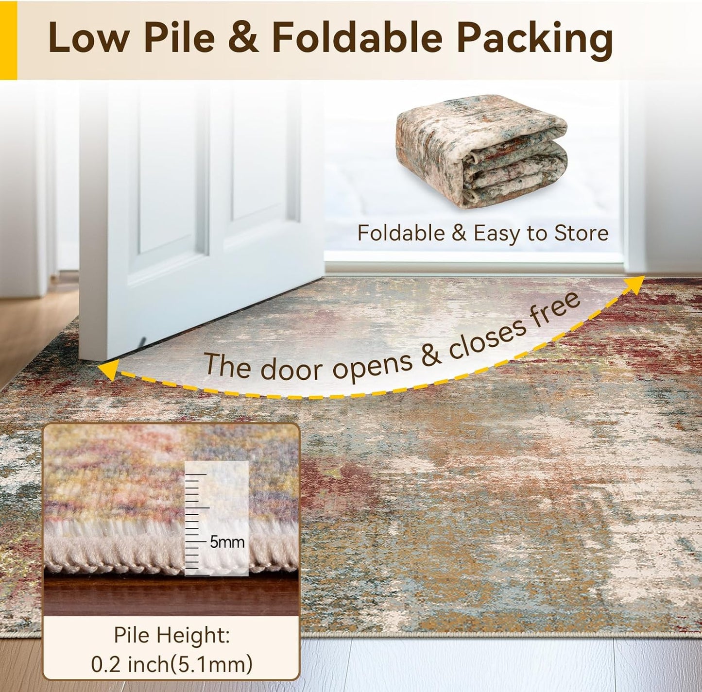 Washable Area Rugs 5'x7' Non-Slip Modern Abstract Soft for Living Room Entryway Bedroom Nursery, Print Pattern, Brown Rust Red Multi