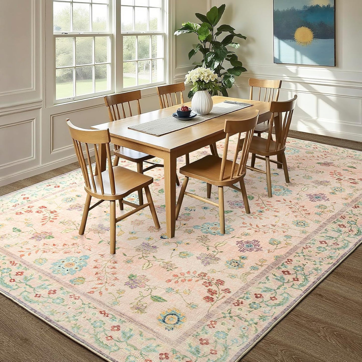 LOCHAS Washable Area Rugs 5x7, Pink Floral Rug for Living Room Bedroom Non Slip, Ultra Soft Vintage Indoor Carpet for Kids, Nursery, Dorm, Dining Room, Classroom, Boho Flower Home Decor, Low-Pile
