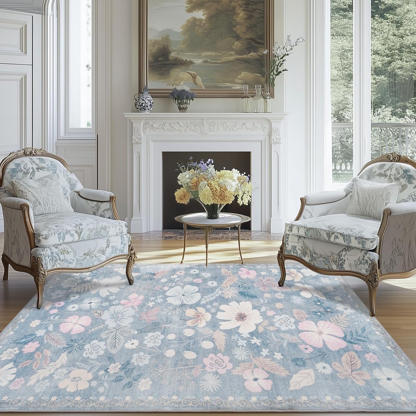 Blue Area Rugs for Living Room 4x6 Washable Low Pile Non Slip Stain Resistant Vintage Euro Floral Soft Faux Fur Carpet Rug for Living Room Bedroom Patio Dining Room Home Office Nursery Kids Room