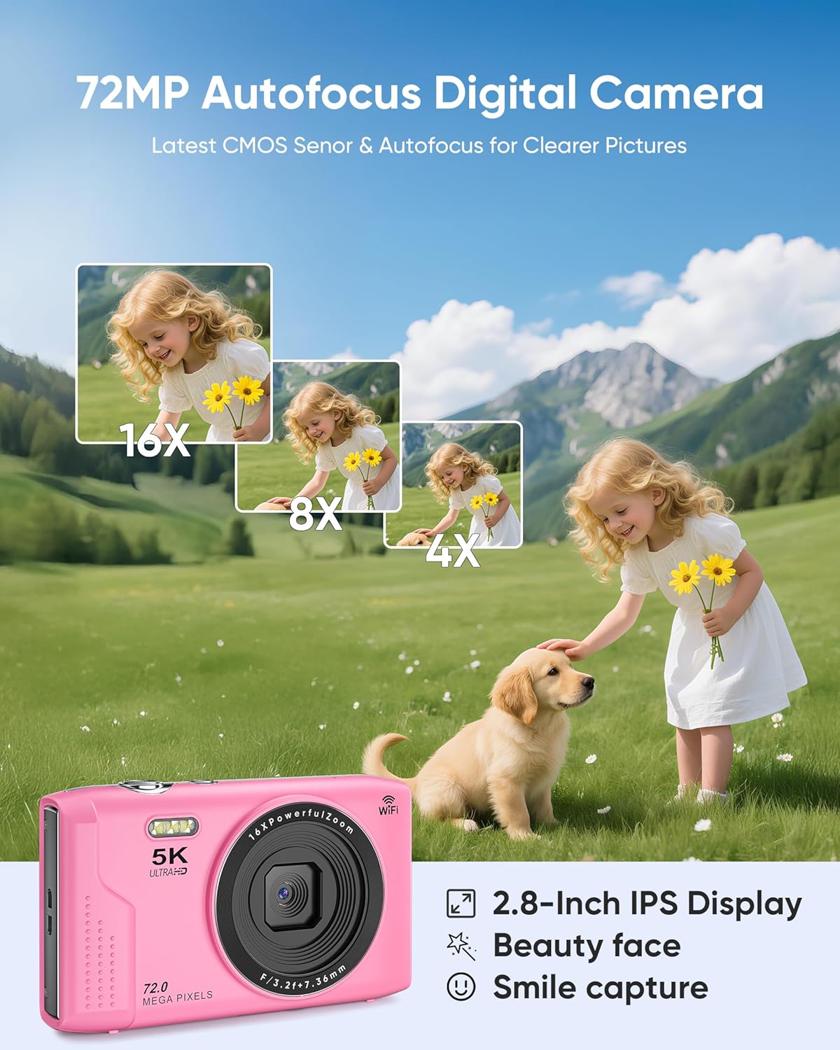 T TAKMLY Digital Camera 5K, Autofocus 16x Zoom 72MP Point and Shoot Cameras Compact Portable with Flash for Kids Boys Girls Teens Students, Anti Shake 2.8'' Screen, 64GB Card Include, Pink