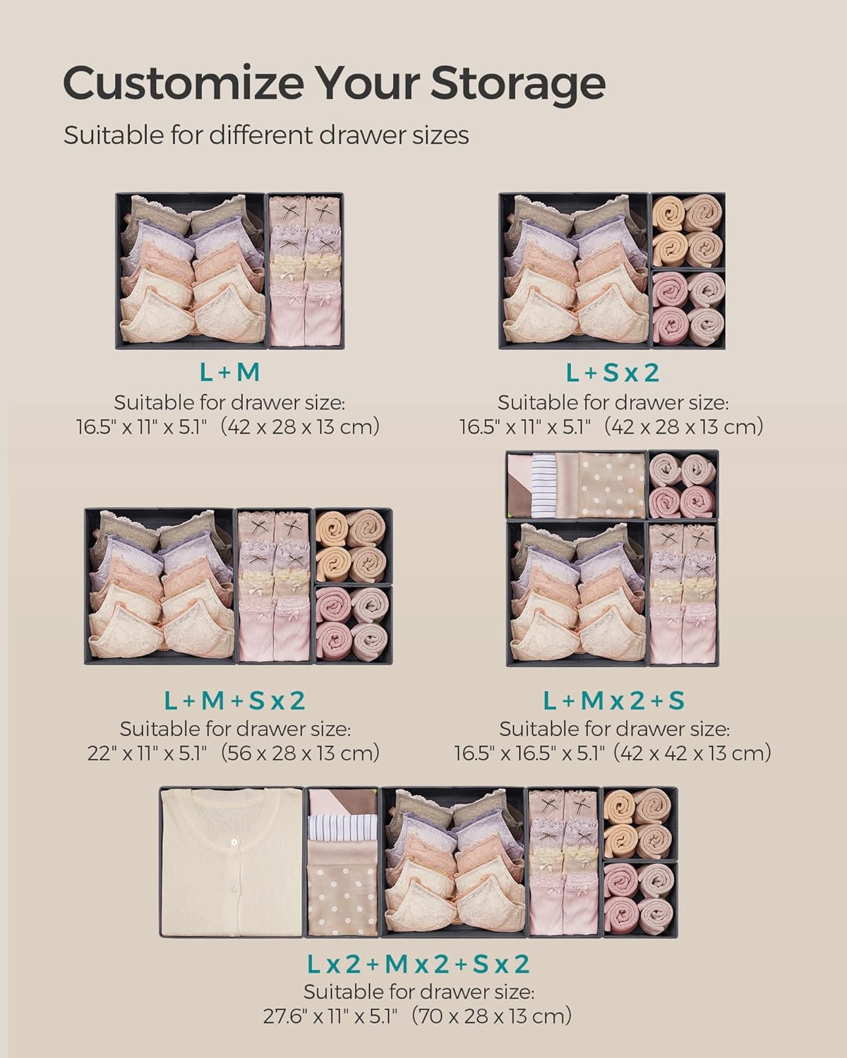 SONGMICS Drawer Organizer, Dresser Drawer Organizers, Set of 12, Foldable Fabric Storage Bins for Socks, Underwear, Bras, Ties, Scarves, Slate Gray URDZ006G03