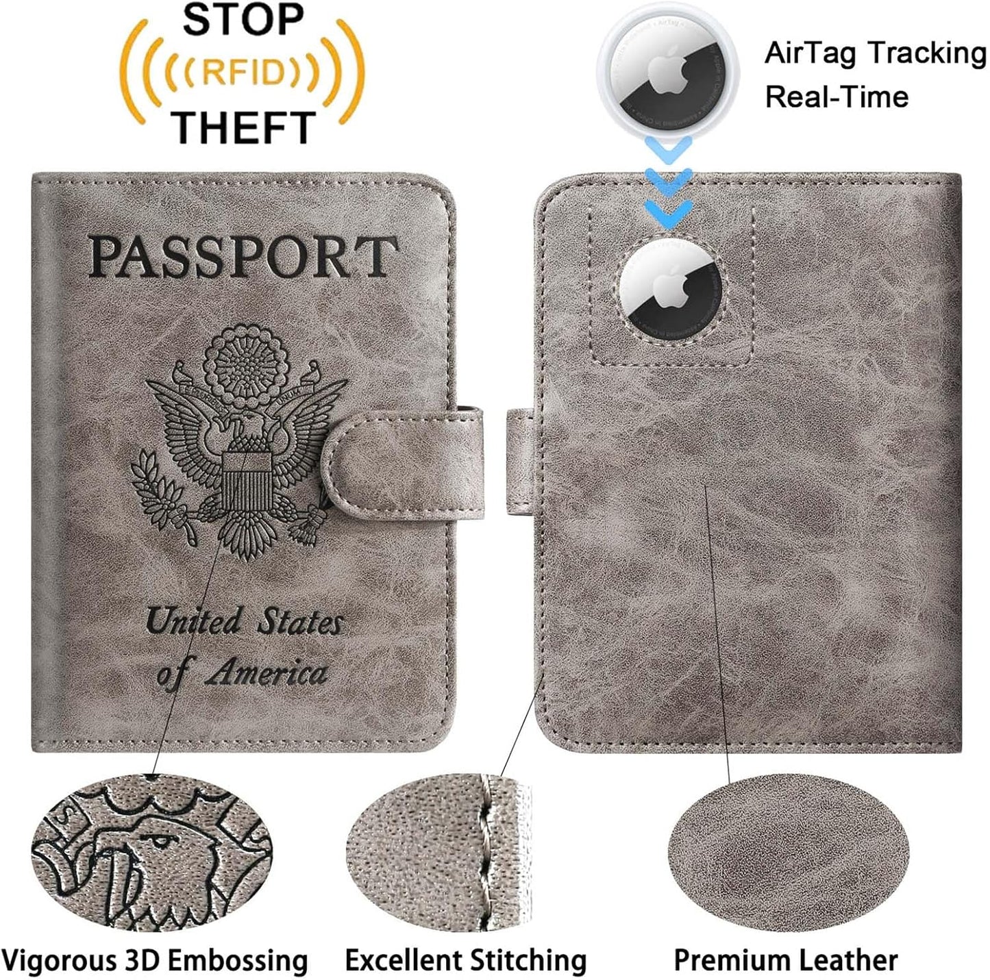 Airtag Passport Holder Cover Wallet RFID Blocking Leather Case Travel Essentials Luggage Accessories Travel Must Have(118#Grey)