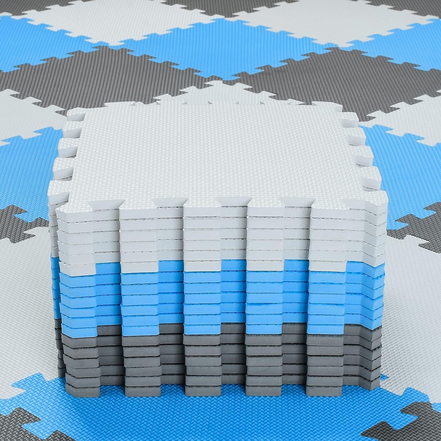 qqpp EVA Rubber 18 Tiles Interlocking Puzzle Foam Floor Mats - Baby Play Mat for Playing | Exercise Mat for Home Workout. White, Blue, Gray. QC-AGLb18N