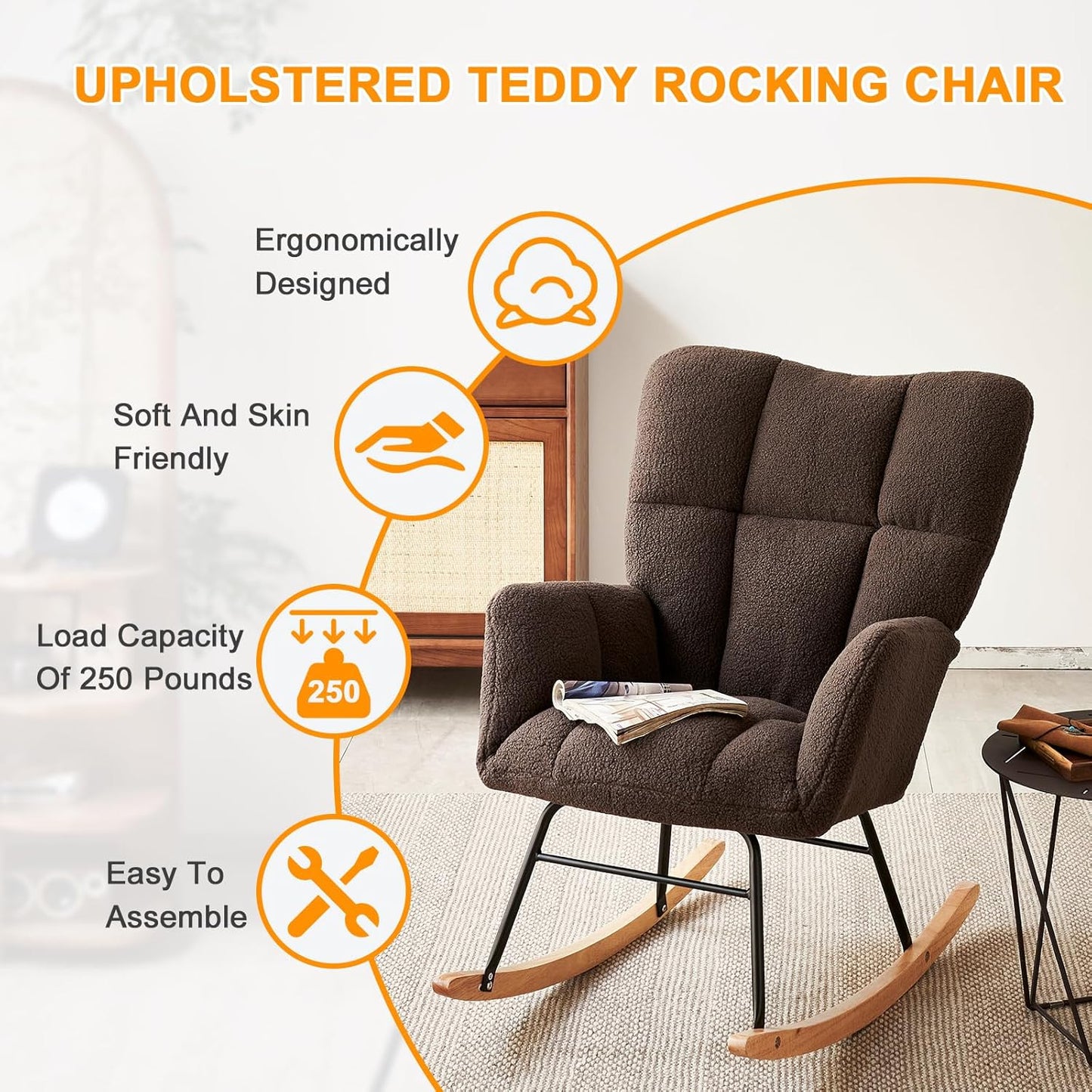 Nursery Rocking Chair, Teddy Fabric Upholstered Glider Rocker with High Backrest, Modern Rocking Accent Chairs Comfy Side Chair for Nursery, Bedroom, Living Room (Brown)