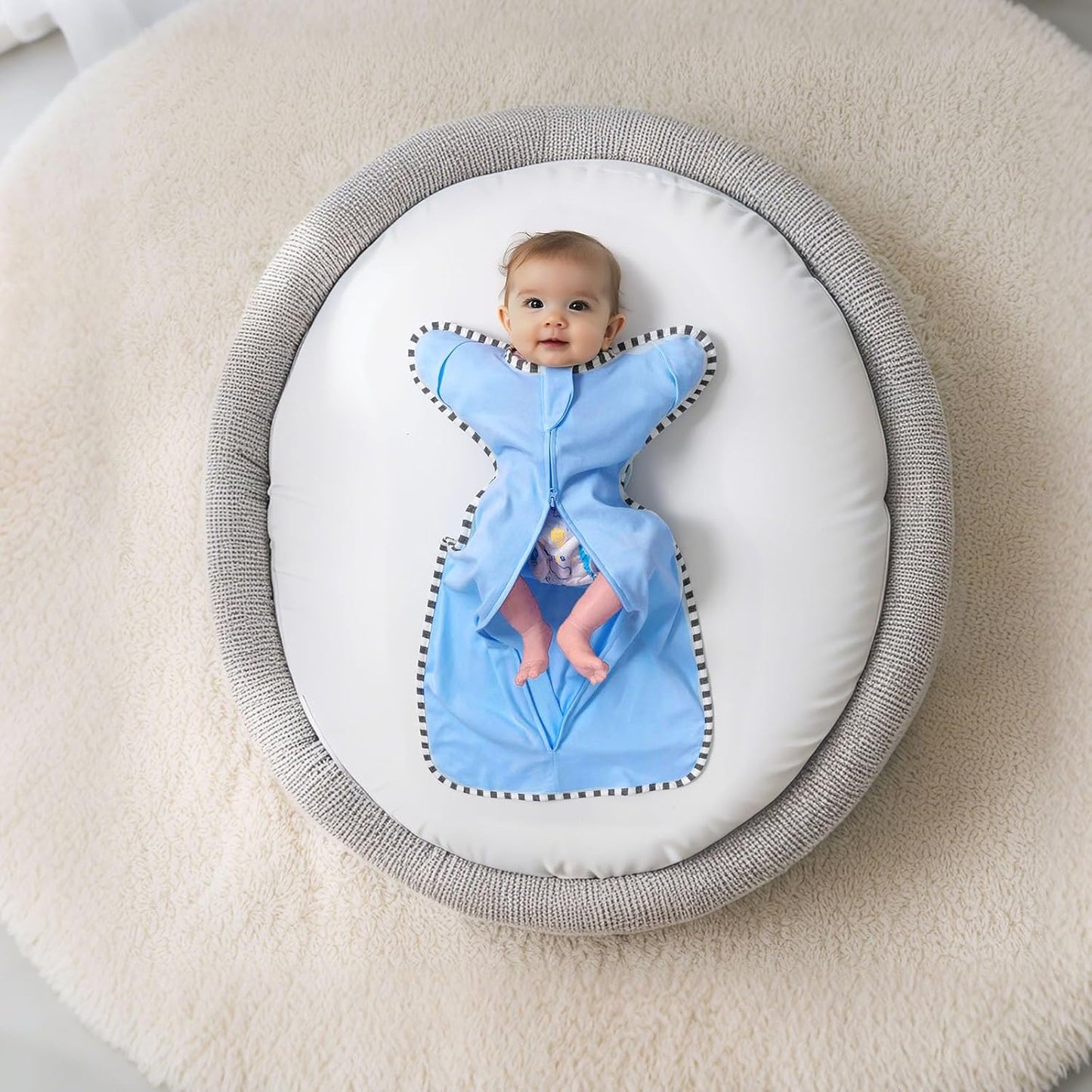 Transition Swaddle, 2 Pack 100% Cotton Baby Sleep Sack, 2-Way Zipper Infant Arm Up Swaddle for Newborn Baby Boys Girls (Khaki + Sky Blue, L(6-9 Months))