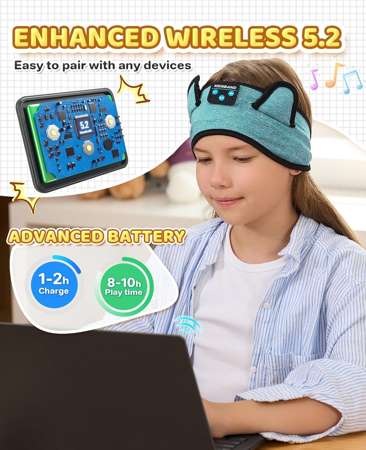 KIDSBAND Kids Headphones for Plane, Wireless Headband Adjustable, Does Not Press The Ears, Convenient for Long-Time Use, Headphones for Boys,Girls,Sleeping,School,Air Travel,Smartphones,Tablet