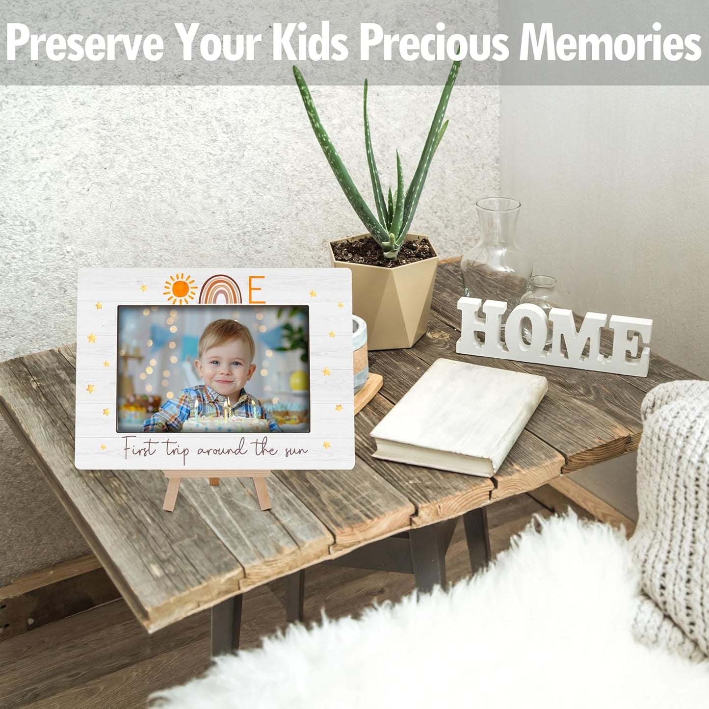 My 1st Birthday Picture Frames, Boho Rainbow Wooden 4x6 Photo Frame with Easel, Baby First Year Birthday Gifts for Home Office Tabletop Display Decorations - G07