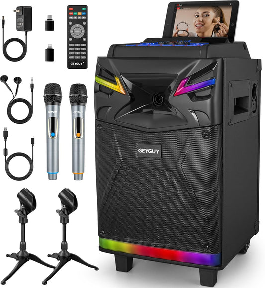 GTSK10‑1 Karaoke Machine with 2 Wireless Microphones for Adults – 10″ DSP Big Bluetooth Party Speaker with 600W Peak Power, Live Streaming & Voice Monitoring, LED Lights, Rolling Wheels & Trolley