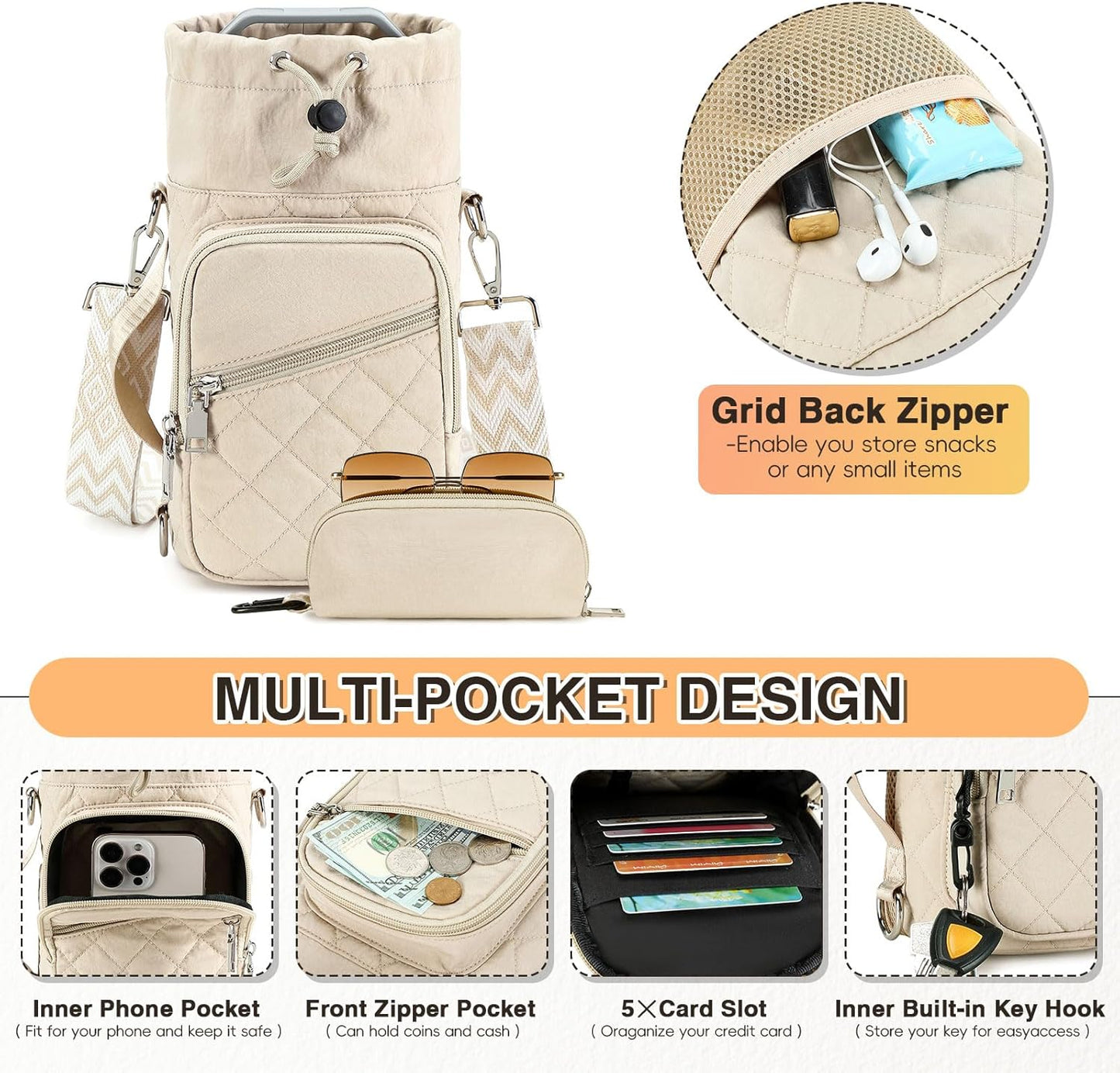 Water Bottle Carrier Bag with Strap, Water Bottle Holder Crossbody Bags for Women Men for Walking, Hiking,Cycling