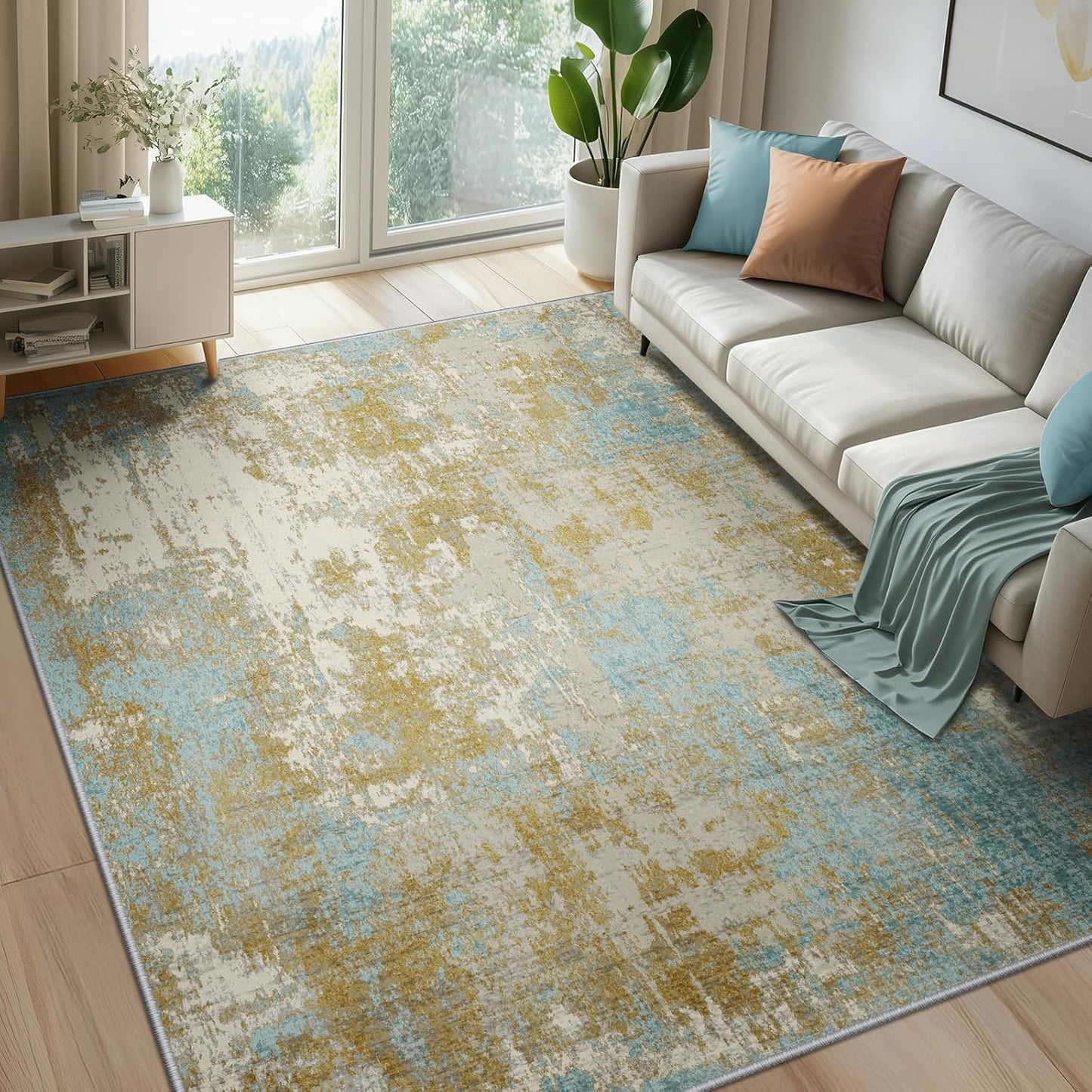 Washable Area Rugs 6'x9' Non-Slip Modern Abstract Soft for Living Room Entryway Bedroom Nursery, Print Pattern, Teal Blue Taupe
