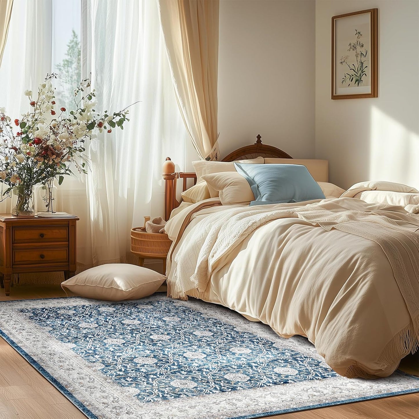 jinchan Floral Area Rugs 4x6 Machine Washable Vintage Distressed Boho Design Throw Rug Stain Resistant Carpet Low Pile Ultra-Thin Non-Slip for Bedroom Living Room Dining Room Kitchen(4‘x6',Drak Blue)