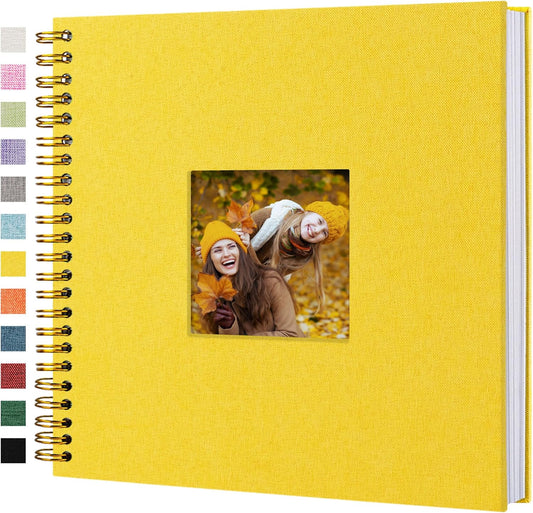 Scrapbook Photo Album Linen Cover, 12 x 12 Inch Hardcover Kraft White Pages Memory Book, for Travel Wedding Guest Book Christmas Baby Shower (40 Sheets/ 80 Pages,Yellow)