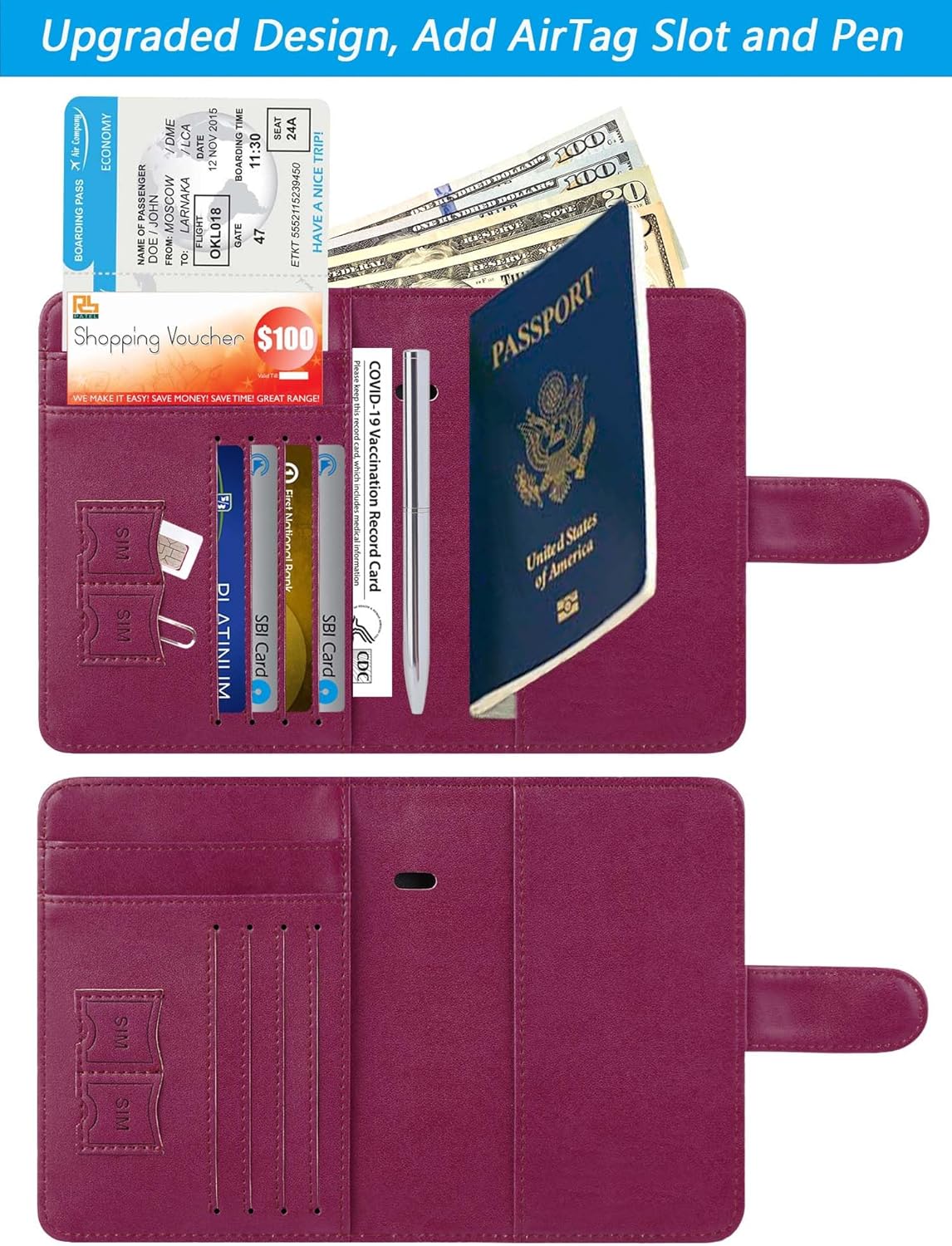 Airtag Passport Holder Cover Wallet RFID Blocking Leather Case Travel Essentials Luggage Accessories Travel Must Have(118#Purple)