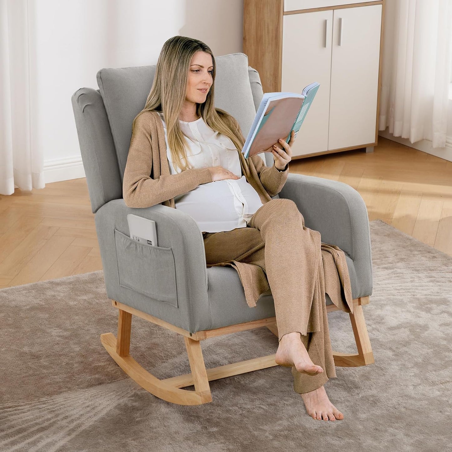 Rocking Chair Nursery, Upholstered Fabric Nursing Rocking Chairs with Lumbar Pillow, Modern Nursery Glider Rocker Morden Accent Rocking Chair for Mom Nursery, Living Room, Bedroom, Grey