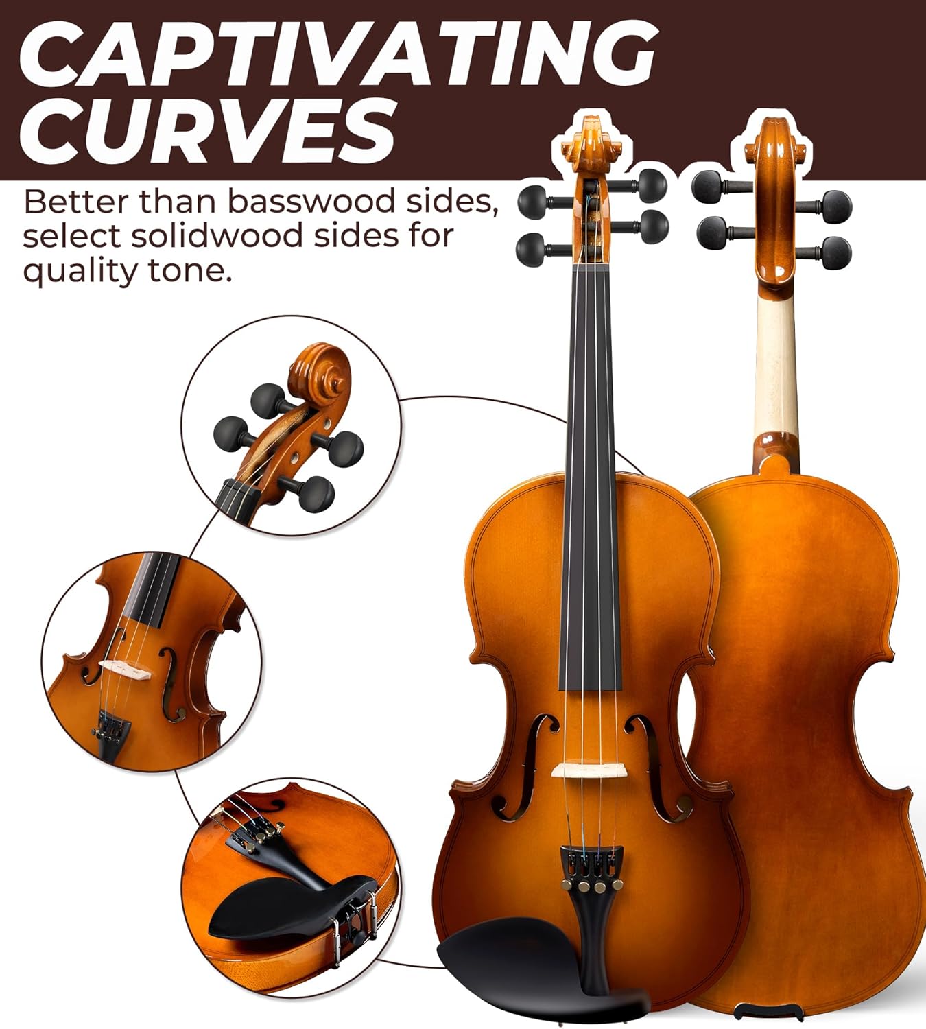 Vangoa Violin 4/4 Full Size Set Fiddle, Handcrafted Starter Acoustic Violins Kit with Solid Wood Side Board, Lightweight Hard Case for Beginners, Teens, Child, Kids Age 12+, Adults, Right Handed