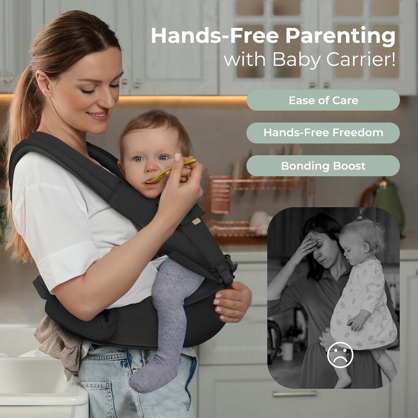 FRUITEAM 6-in-1 Baby Carrier with Waist Stool/Hip Seat for Breastfeeding, One Size Fits All - Adapt to Newborn, Infant & Toddler (Cool Black)