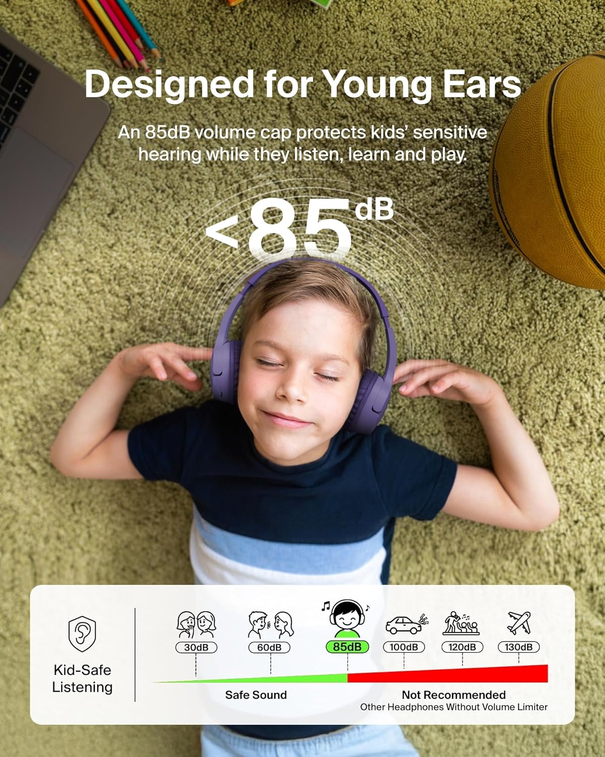 Belkin SoundForm Mini - Wireless Bluetooth Kids Headphones, 30H Battery, 85dB Safe Volume Limit, Built-in Microphone - Toddler On-Ear Earphones for iPhone, iPad, Fire Tablet, Ideal for School - Purple