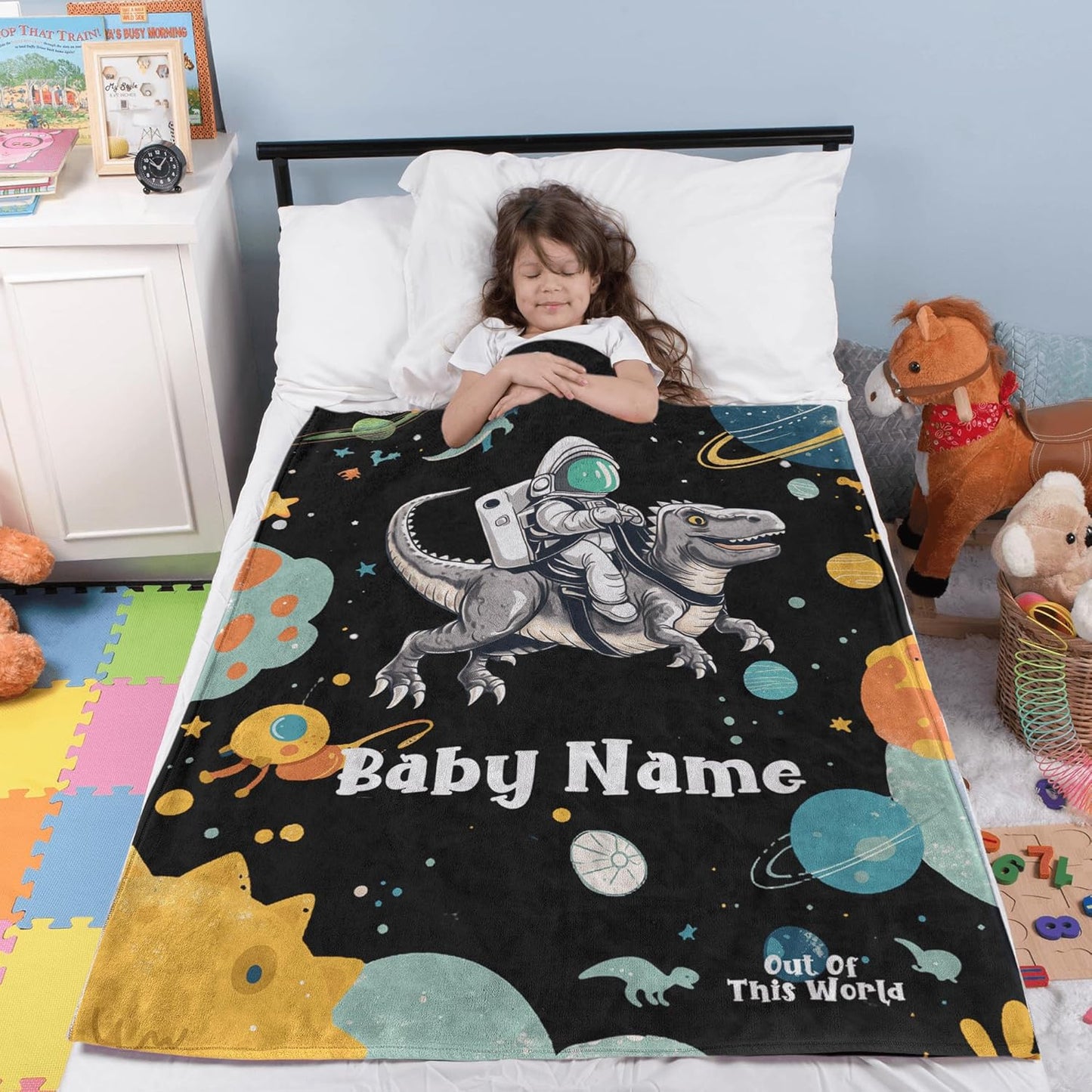 Cute Astronaut Riding Dinosaur Space Baby Blanket, Personalized Custom Baby Throw Blanket with Name for Boys Newborn Son Daughter Grandson Granddaughter Toddler Birthday Bed Blanket
