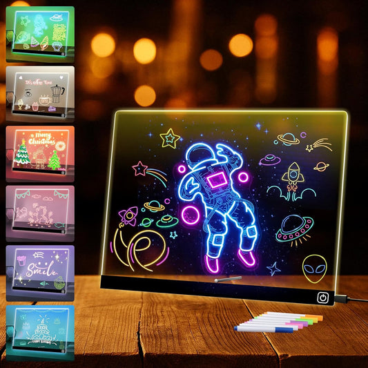 14“ LED Drawing Board 7 Colors Light Acrylic Dry Erase Lumiboard for Kids with Stand 2 Modes as Night Light for Room/Store/Office Ideal Gift for Festival Decoration 7 Markers