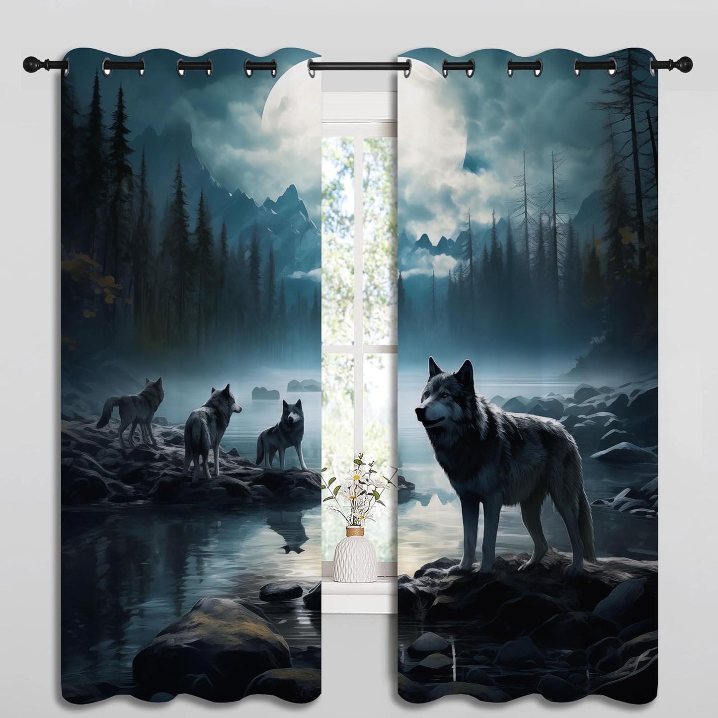 Wolf Blackout Curtains for Boys Girl Bedroom Decor,Dreamy Forest Full Moon Wolf Pack Thermal Insulated Grommet Drapes Darkening Window Curtain for Living Room Home 55x63 inch