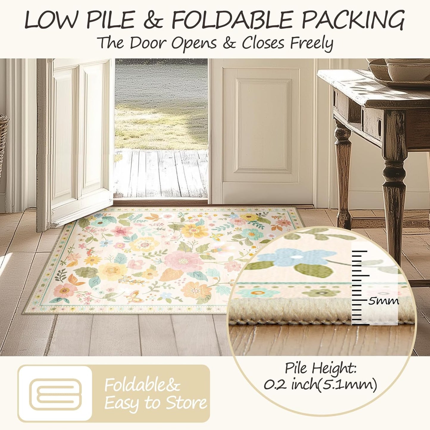 Floral 2x6 Area Rug Machine Washable Soft Print Boho Carpet Non Slip Doormat Low Pile Flower Area Rugs for Living Room Bedroom Nursery Kitchen Dining Room Indoor-Beige/White/Orange