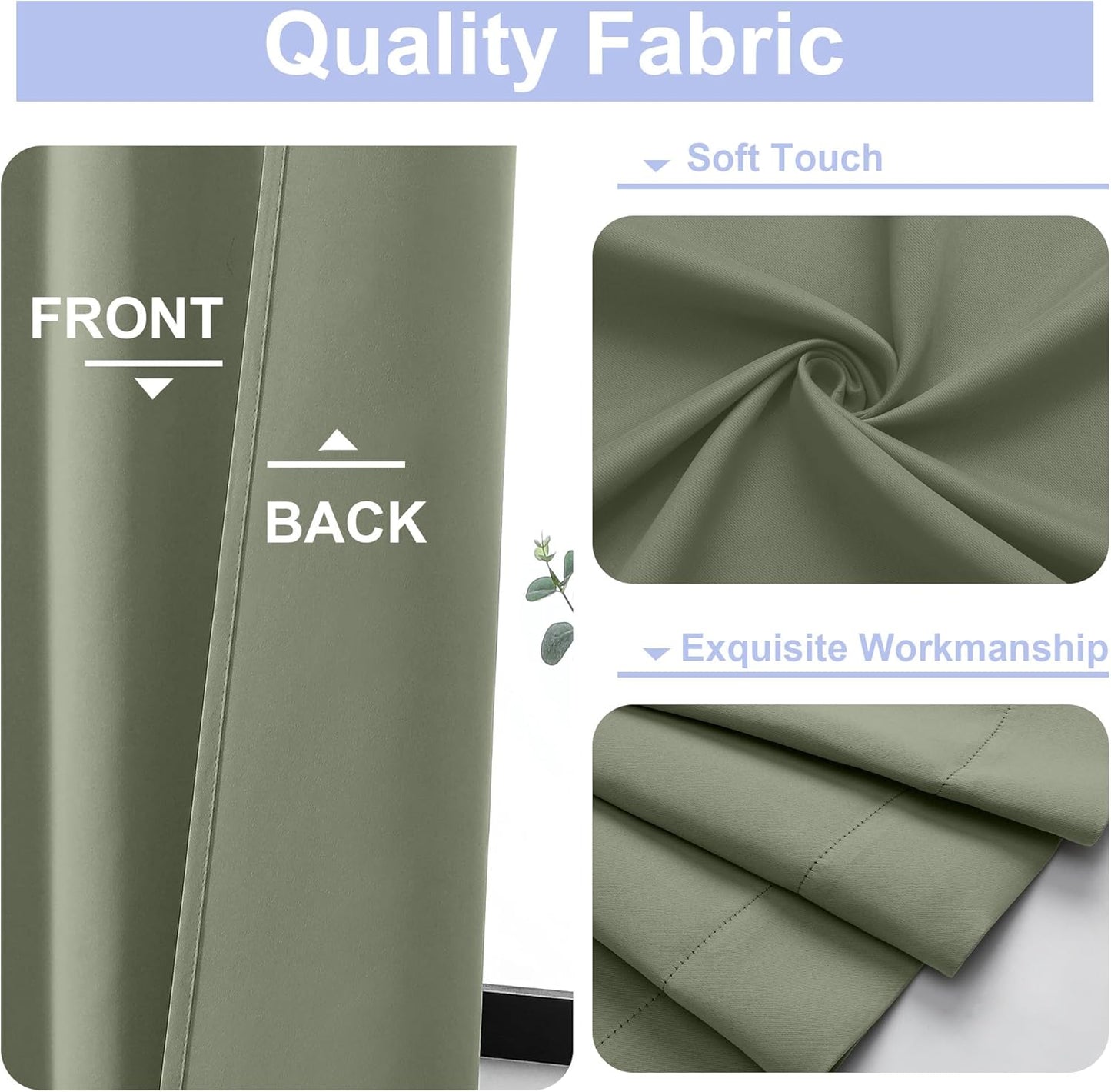 Simplebrand Ava Sage Green Blackout Curtains for Bedroom 63 Inch Length 2 Panels Set, Solid Thermal Insulated Energy Saving Rod Pocket Window Treatment Curtains Blackout Drapes, W40 x L63 Inch, Sage