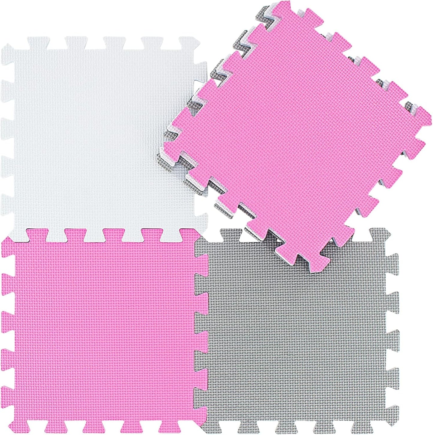 qqpp EVA Rubber 18 Tiles Interlocking Puzzle Foam Floor Mats - Baby Play Mat for Playing | Exercise Mat for Home Workout. White, Pink, Gray. QC-ACLb18N