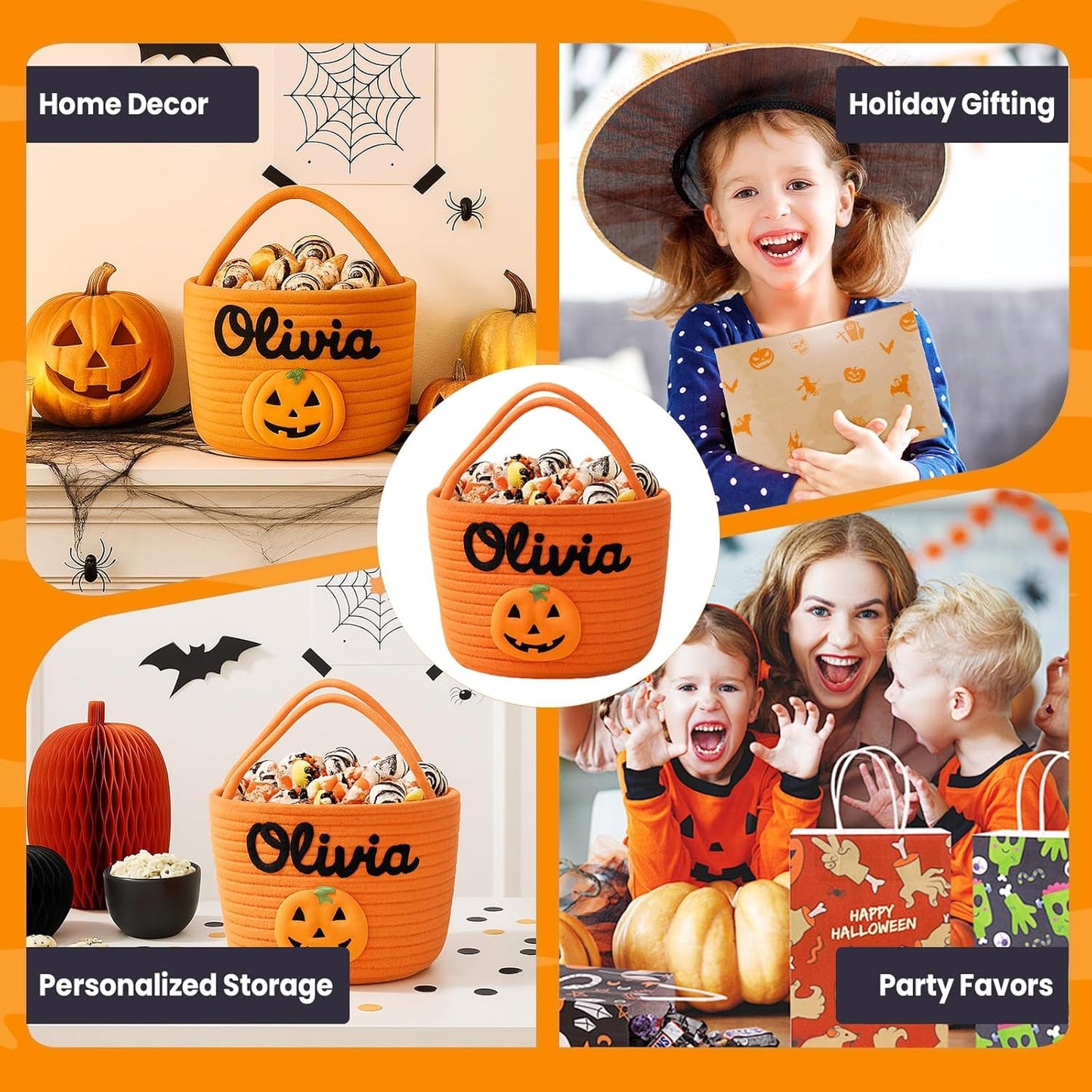 Personalized Halloween Trick or Treat Basket with Name – Custom Woven Candy Bag, Pumpkin or Ghost Bucket for Kids, Boys & Girls