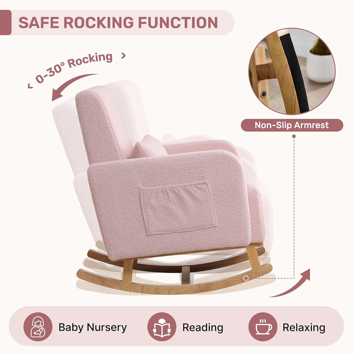 Rocking Chair with Ottoman, Upholstered Nursing Glider Rocker with High Backrest and Side Pocket, Comfy Reading Chair with Solid Wood Legs for Nursery/Living Room/Bedroom Pink