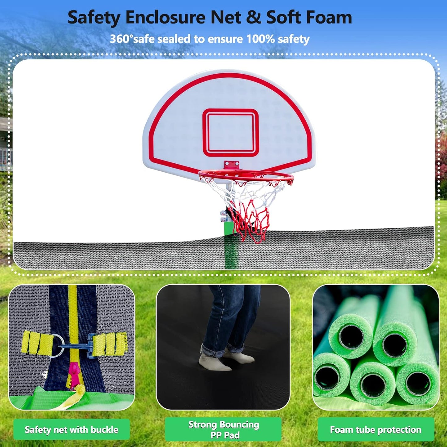 Upgraded 10/12/14/15/16FT Trampoline Outdoor, Large Kids Trampoline with Light, Stakes, Sprinkler, Backyard Trampoline with Basketball Hoop and Net, Capacity for 4-6 Kids and Adults